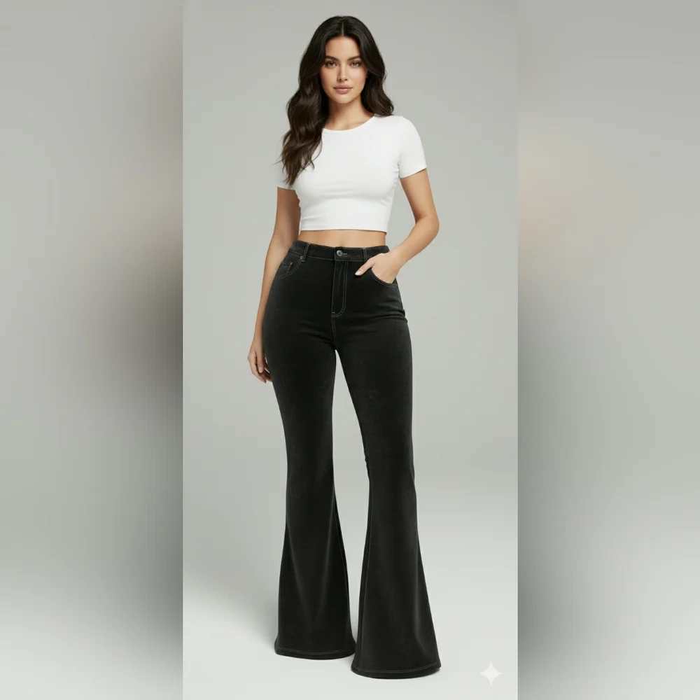 Retro Black 14 Velvet Flare Bell Leg Boho Hipster Midrise Jeans New - Picture 1 of 6
